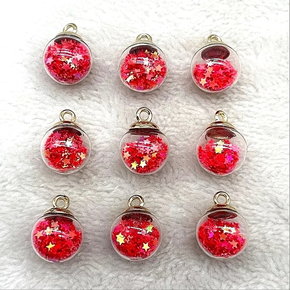 Glass ball pendant earrings with red sparkle stars. 3 pair available. - Picture 3 of 3